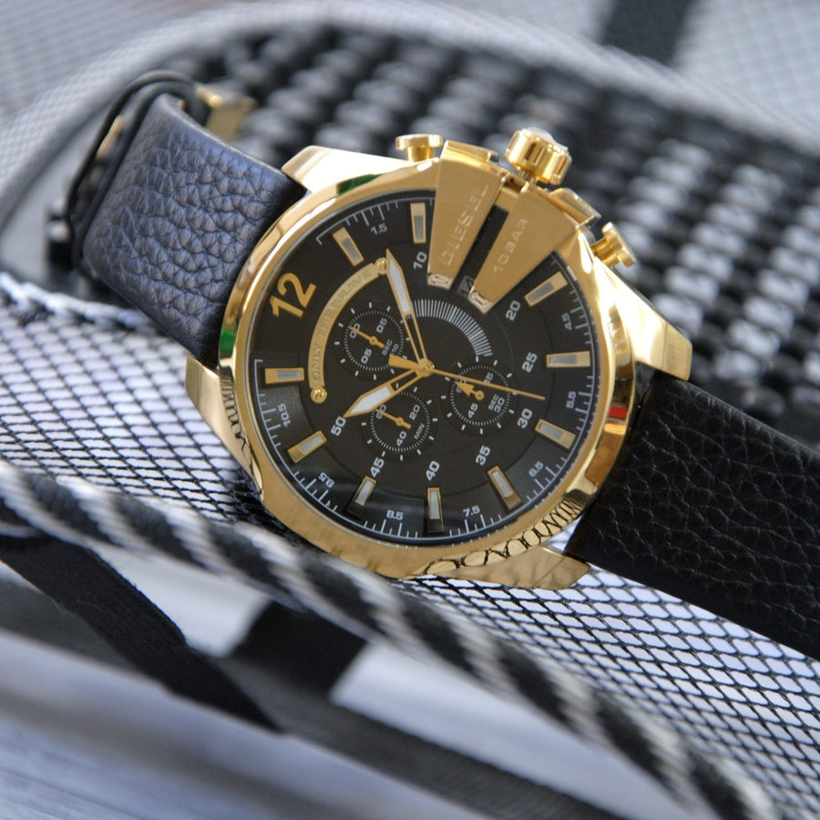 Diesel Mega Chief Chronograph Black Dial Black Leather Strap Watch For Men - DZ4344