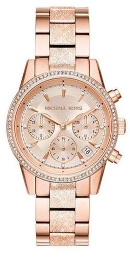 Michael Kors Ritz Chronograph Rose Gold Dial Rose Gold Steel Strap Watch For Women - MK6598