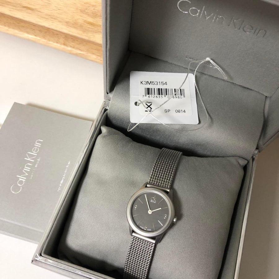 Calvin Klein Minimal Grey Dial Silver Mesh Bracelet Watch for Women - K3M53154