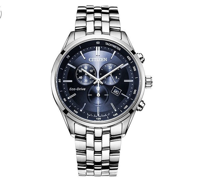 Citizen Eco Drive Chronograph Blue Dial Silver Steel Strap Watch For Men - AT2140-55L