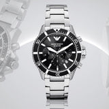 Emporio Armani Diver Chronograph Quartz Black Dial Silver Steel Strap Watch For Men - AR11360