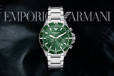 Emporio Armani Diver Chronograph Green Dial Silver Steel Strap Watch For Men - AR11500