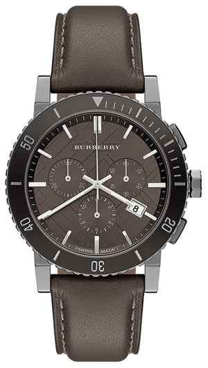 Burberry The City Chronograph Ion Plated Grey Dial Grey Leather Strap Watch for Men - BU9384