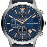 Emporio Armani Renato Chronograph Blue Dial Black Leather Strap Watch For Men - AR11216