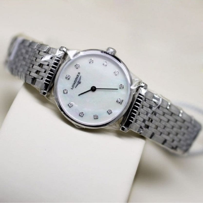Silver wristwatch with white face and diamond markers.