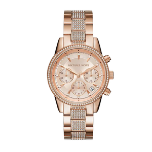 Michael Kors Ritz Chronograph Rose Gold Dial Rose Gold Steel Strap Watch For Women - MK6485
