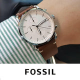 Fossil The Commuter White Dial Brown Leather Strap Watch for Men - FS5402