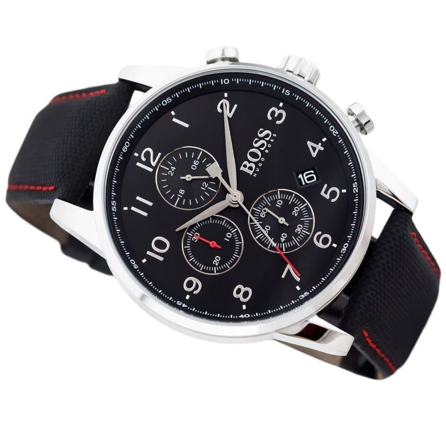 Hugo Boss Navigator Black Dial Black Leather Strap Watch for Men - 1513535