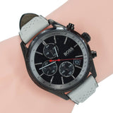 Hugo Boss Grand Prix Chronograph Black Dial Grey Leather Strap Watch for Men - 1513562