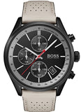 Hugo Boss Grand Prix Chronograph Black Dial Grey Leather Strap Watch for Men - 1513562