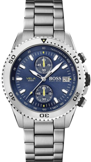 Hugo Boss Vela Chronograph Diver Blue Dial Silver Steel Strap Watch for Men - 1513775