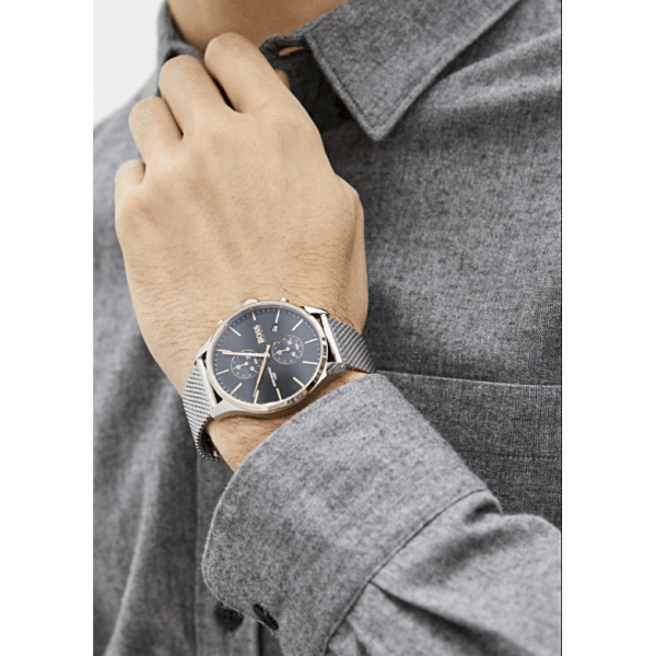 Hugo Boss Associate Black Dial Silver Mesh Bracelet Watch for Men - 1513805