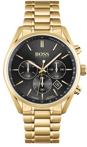 Hugo Boss Champion Black Dial Gold Steel Strap Watch for Men - 1513848