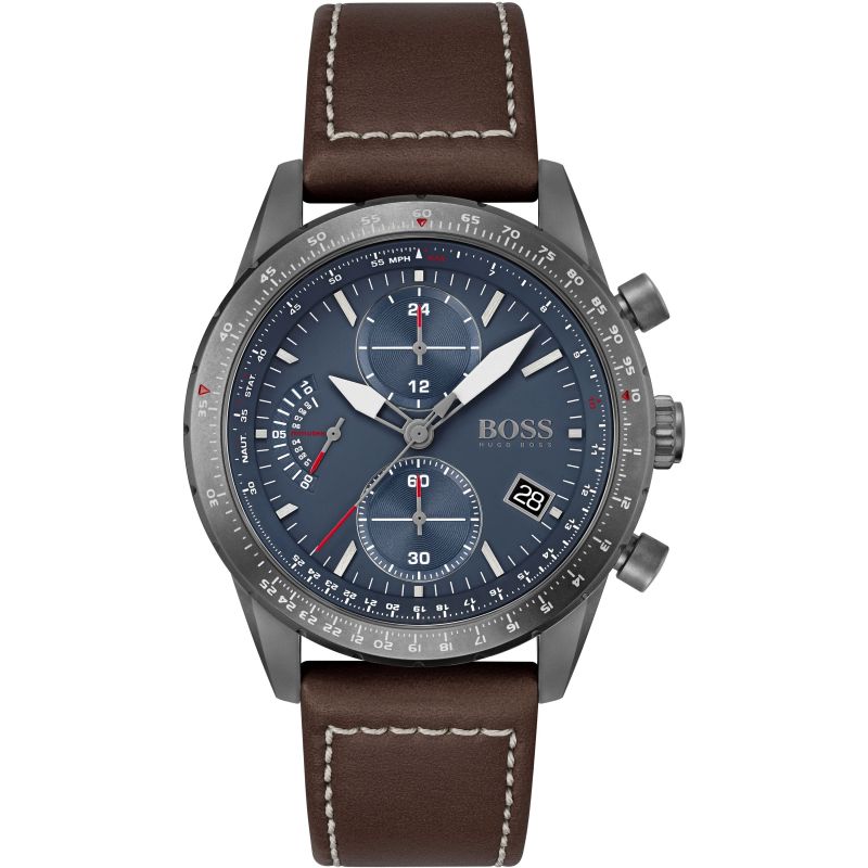 Hugo Boss Pilot Edition Blue Dial Brown Leather Strap Watch for Men - 1513852