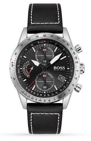 Hugo Boss Pilot Edition Black Dial Black Leather Strap Watch for Men - 1513853