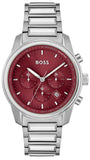 Hugo Boss Trace Chronograph Red Dial Silver Steel Strap Watch For Men - 1514004