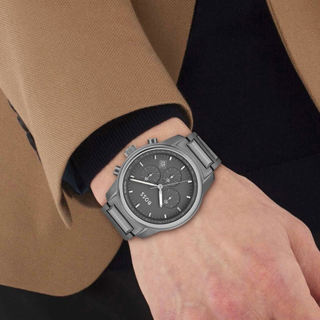 Hugo Boss Trace Chronograph Grey Dial Grey Steel Strap Watch For Men - 1514005