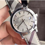 Burberry The City Grey Dial Checked Grey Leather Strap Watch for Women - BU9118