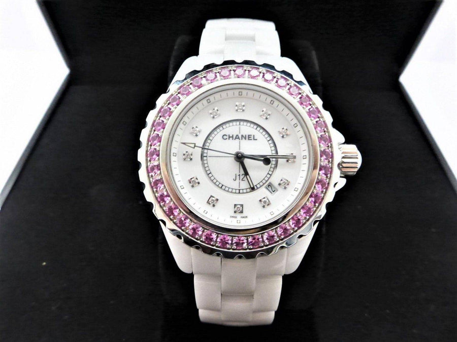 Chanel J12 Sapphire Bezel Ceramic White Dial White Steel Strap Watch for Women - J12 H2010
