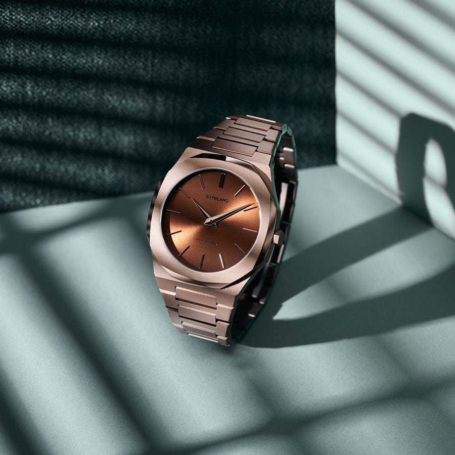 D1 Milano Ultra Thin Brown Dial Gold Steel Strap Watch for Men - D1-UTBJ13