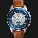 Fossil Grant Sport Automatic Skeleton Blue Dial Brown Leather Strap Watch for Men - ME3140