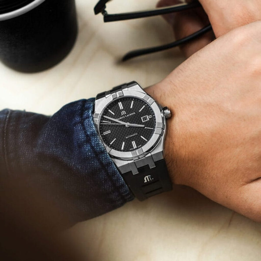 Maurice Lacroix Aikon Automatic Chronograph Black Dial Black Leather Strap Watch for Men - AI1808-SS000-330-2
