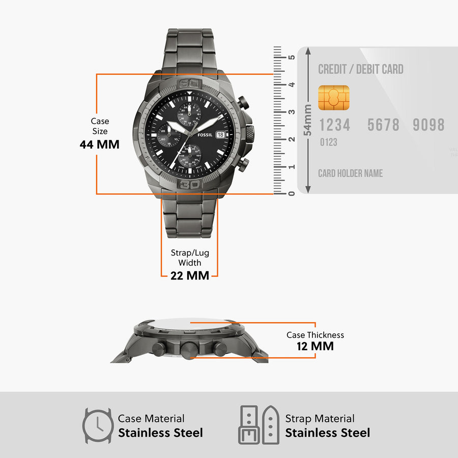 Fossil Bronson Chronograph Black Dial Grey Steel Strap Watch for Men - FS5852
