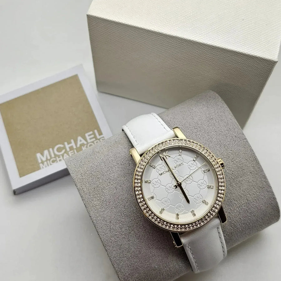 Michael Kors Corey Three Hand White Dial White Leather Strap Watch For Women - MK2985