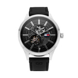 Tommy Hilfiger Spencer Skeleton Black Dial Black Leather Strap Watch for Men - 1791641