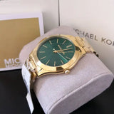 Michael Kors Slim Runway Green Dial Gold Steel Strap Watch for Women - MK3435