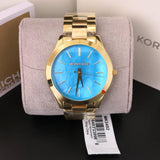 Michael Kors Slim Runway Blue Mother of Pearl Dial Gold Steel Strap Watch for Women - MK3492