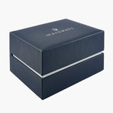 Blue Maserati box with white text.