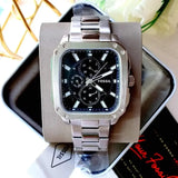 Fossil Inscription Multifunction Black Dial Silver Steel Strap Watch for Men - BQ2655