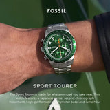 Fossil Sport Tourer Chronograph Green Dial Silver Steel Strap Watch for Men - FS6048