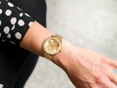Guess Tri Glitz Quartz Diamonds Gold Dial Gold Mesh Bracelet Watch For Women - W1142L2