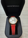 Emporio Armani Gianni T Bar Silver Dial Red Leather Strap Watch For Women - AR1876