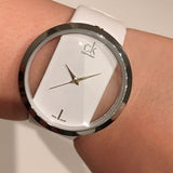 Calvin Klein Glam Transparent Dial White Leather Strap Watch for Women - K9423101