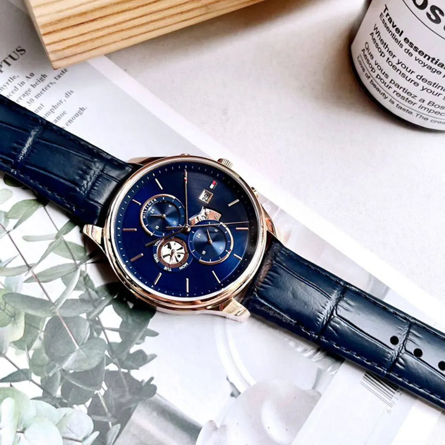Tommy Hilfiger Weston Chronograph Blue Dial Blue Leather Strap Watch For Men - 1710503