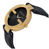 Gucci Interlocking G Gold Black Dial Black Leather Strap Unisex Watch - YA133326