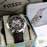 Fossil Grant Automatic Skeleton Black Dial Brown Leather Strap Watch for Men - ME3095