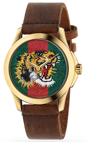 Gucci Le Marche Des Merveilles Red & Green Dial Brown Leather Strap Unisex Watch - YA126497