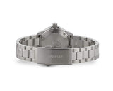 Silver wristwatch with metal band.