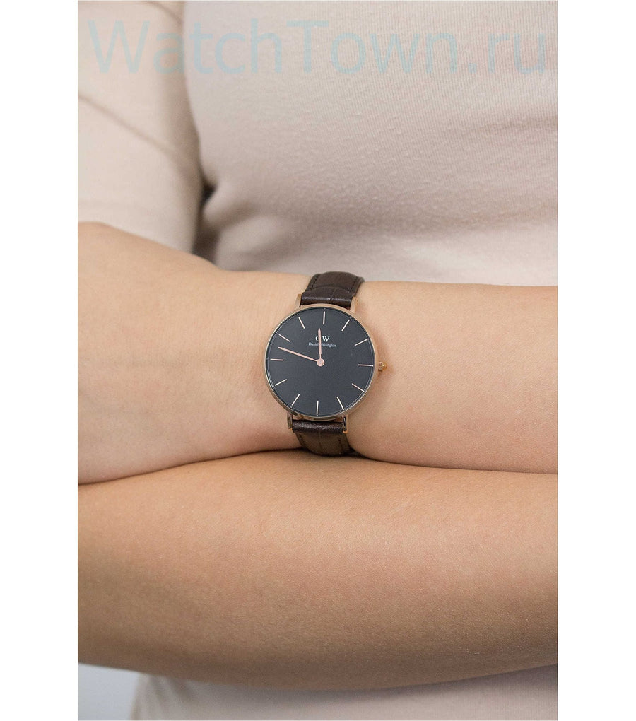 Daniel Wellington Classic Petite York Black Dial Brown Leather Strap Watch For Women - DW00100170
