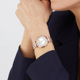 Emporio Armani Gianni T-Bar Crystals Silver Dial Rose Gold Steel Strap Watch For Women - AR11446