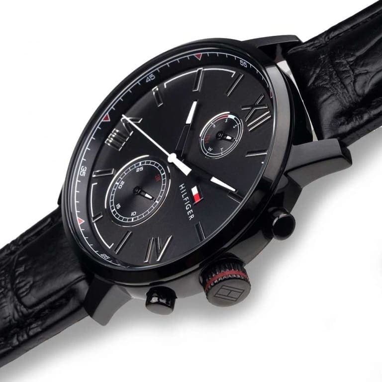 Tommy Hilfiger Aden Chronograph Black Dial Black Leather Strap Watch for Men - 1791310