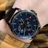 Tommy Hilfiger Shawn Multifunction Quartz Blue Dial Black Leather Strap Watch for Men - 1791616