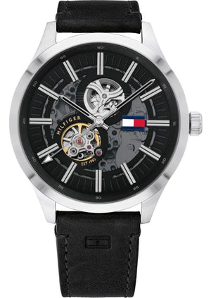 Tommy Hilfiger Spencer Skeleton Black Dial Black Leather Strap Watch for Men - 1791641