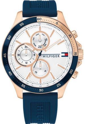 Tommy Hilfiger Bank Multifunction Quartz White Dial Blue Rubber Strap Watch for Men - 1791778