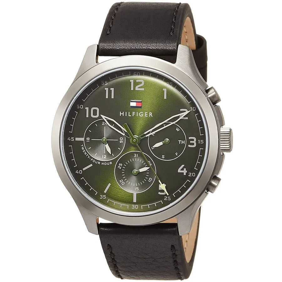 Tommy Hilfiger Asher Chronograph Green Dial Black Leather Strap Watch For Men - 1791856