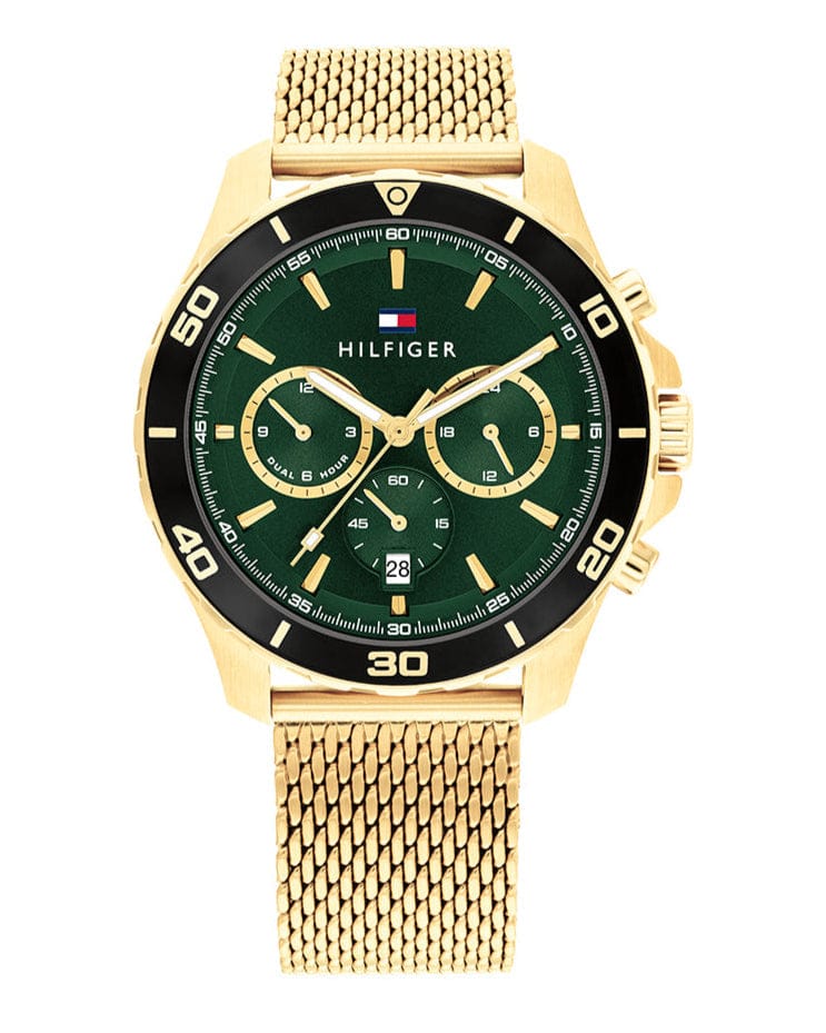 Tommy Hilfiger Jordan Chronograph Green Dial Gold Mesh Strap Watch For Men - 1792093